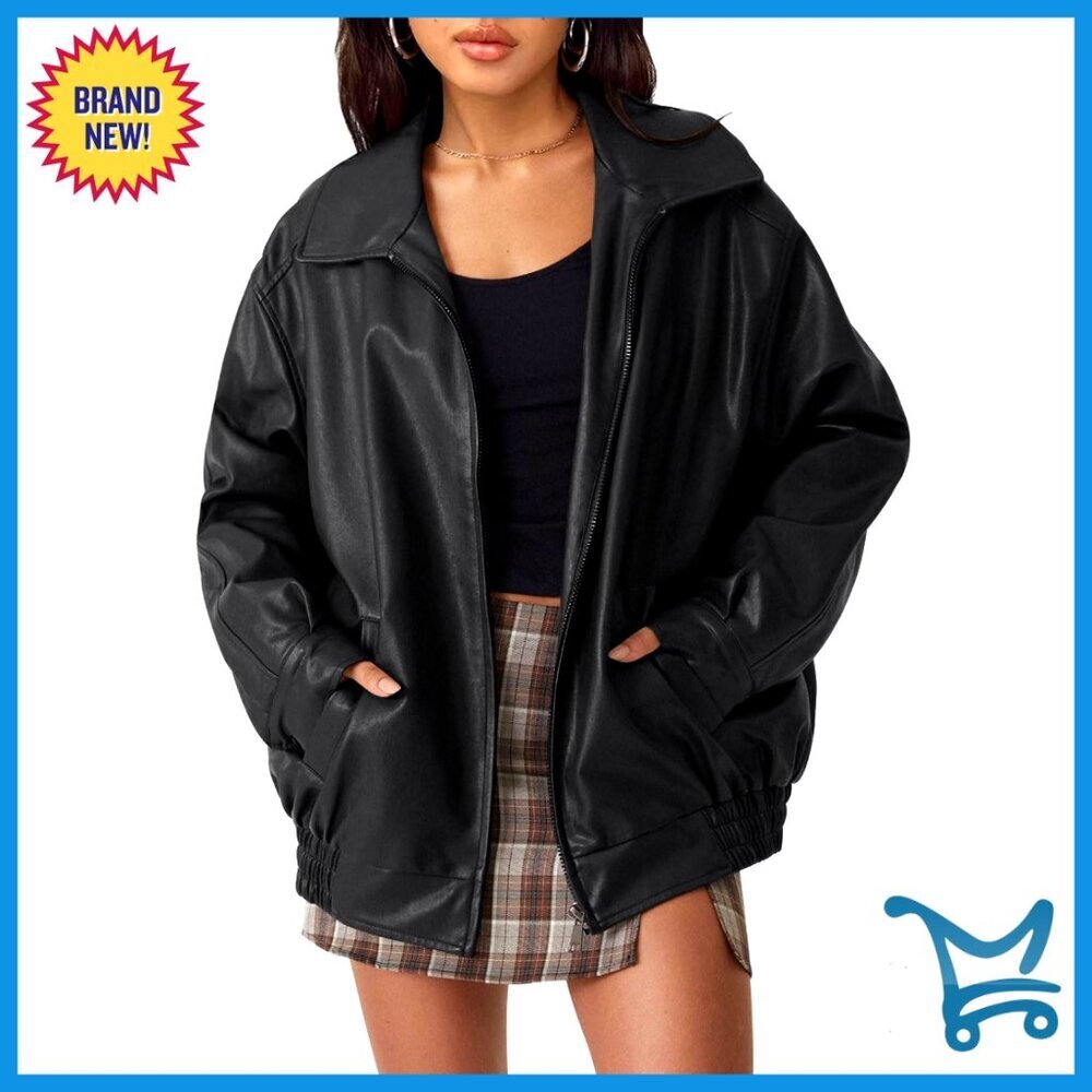 Oversized Faux Leather Jacket Motorcycle Style Zipper Closure Y2K Chic